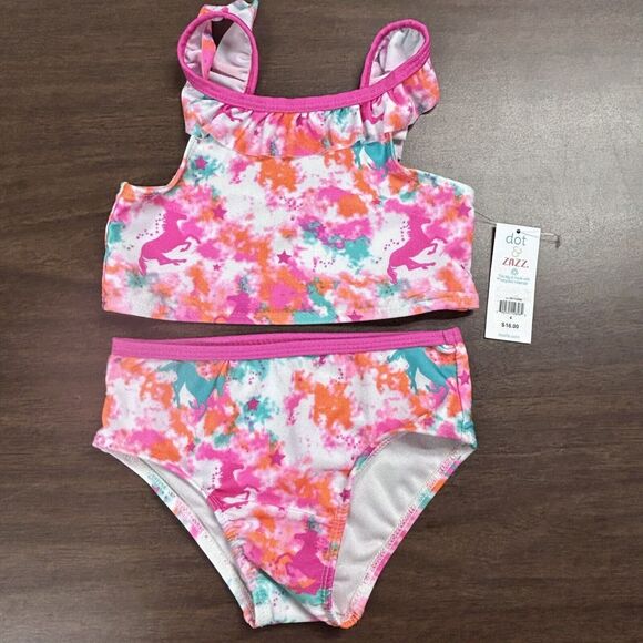 NEW Girls Sz 4 Unicorn Bathing Suit 2 PC dot & ZAZZ Swim Pink Orange Green - Picture 1 of 7